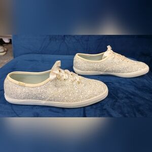 Keds x Kate Spade Womens Size 8.5 Champion Glitter Shoes Low Top Cream Silver EC
